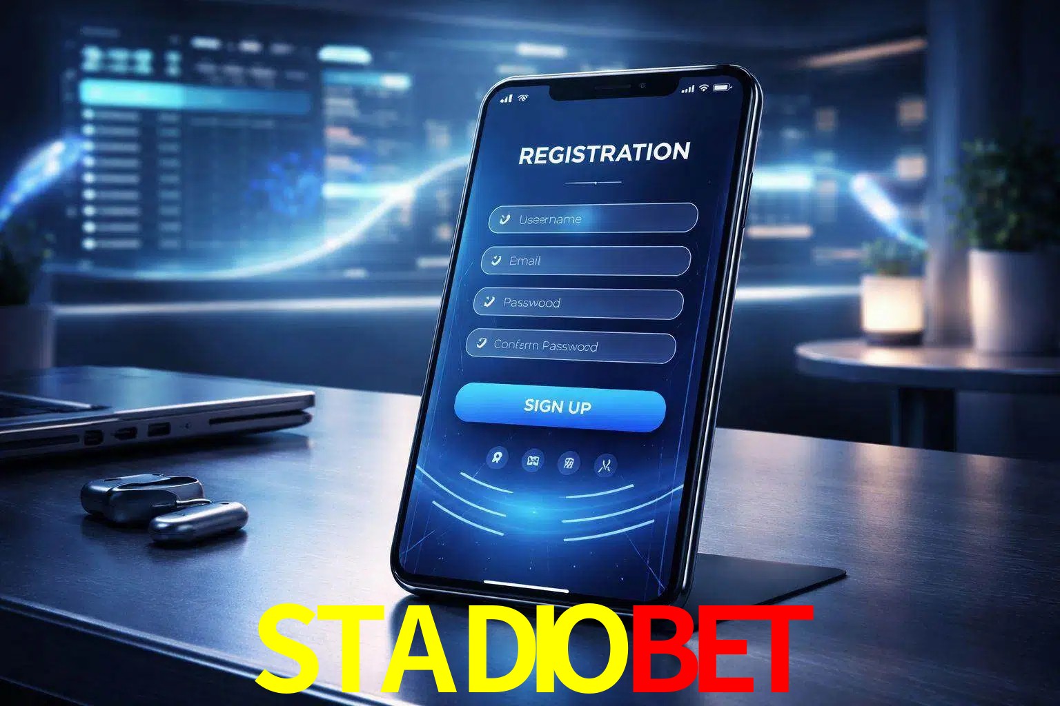 Una interfaz moderna de registro móvil para STADIOBET mostrada en un smartphone con un panel de apuestas elegante.